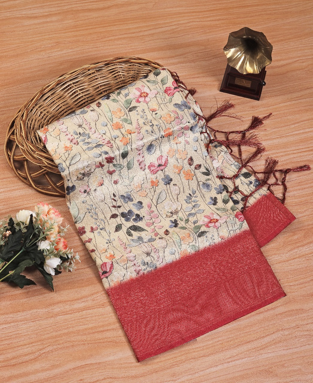 Digital Art Inspired Soft Silk Saree In Red Tone