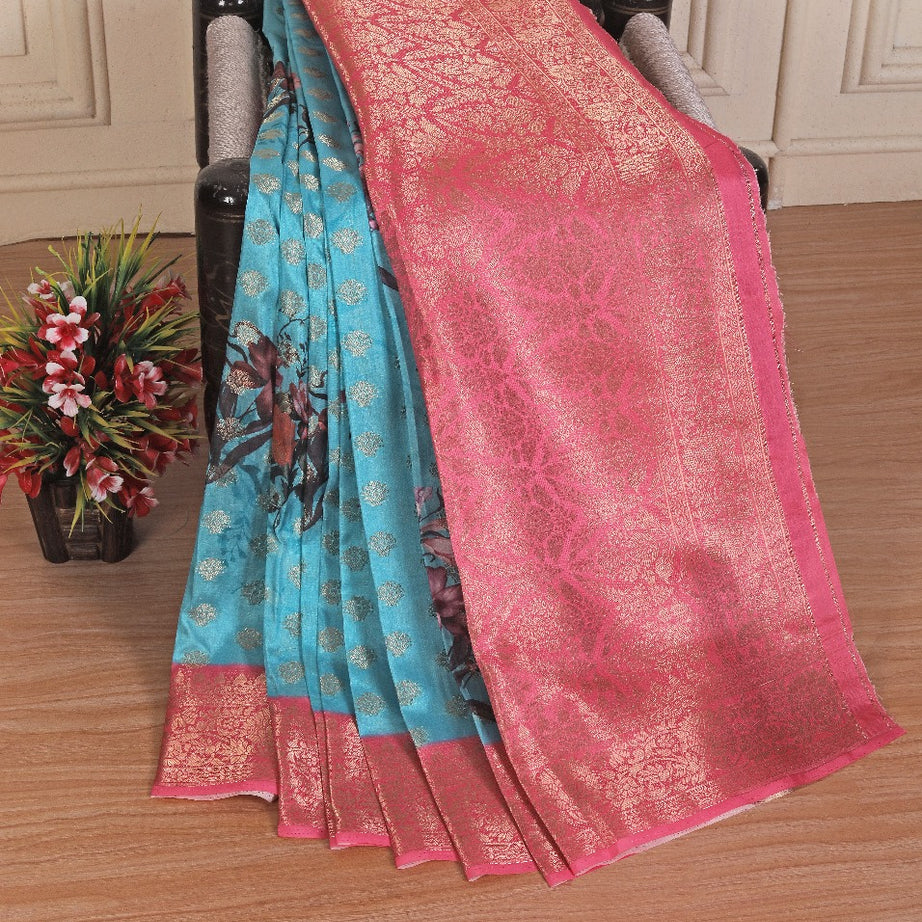 💖Printed Perfection: Graceful Soft Silk Sarees in Sky Blue💖