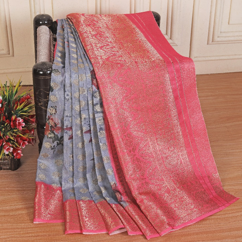 💖Printed Perfection: Graceful Soft Silk Sarees in Grey 💖