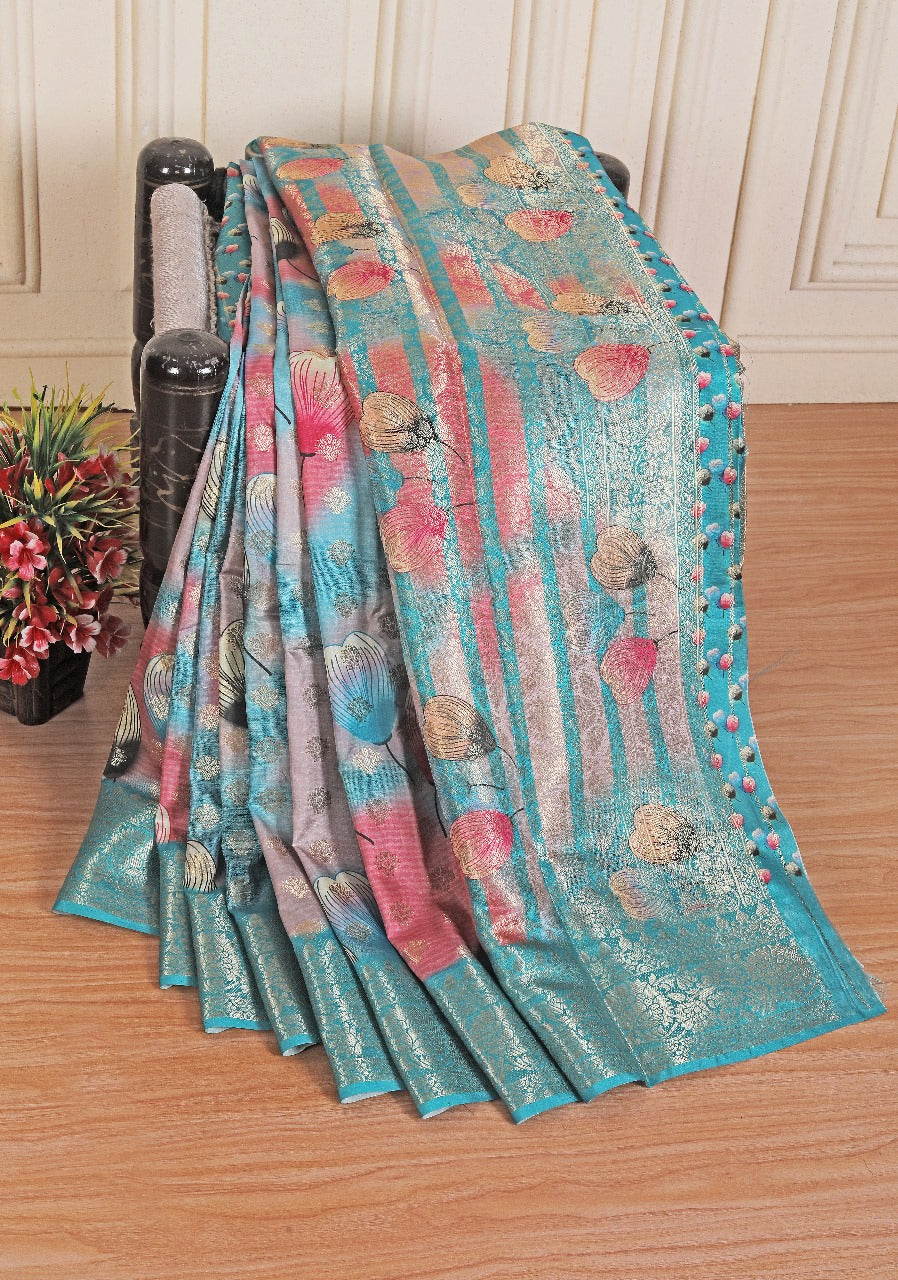 Elegant Rama Soft Silk Saree With Artistic Digital Prints