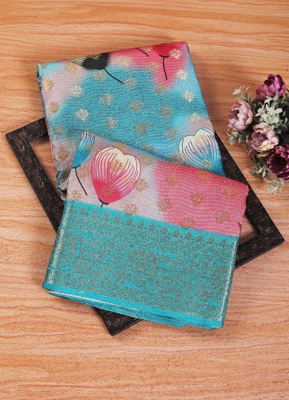 Elegant Rama Soft Silk Saree With Artistic Digital Prints