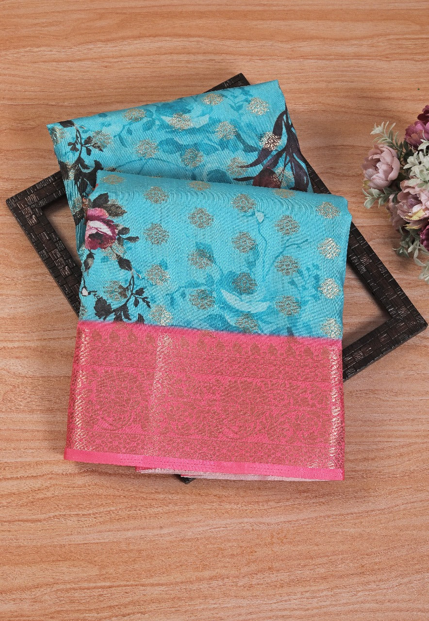 Traditional Soft Silk Saree In Sky Blue With Digital Art Design