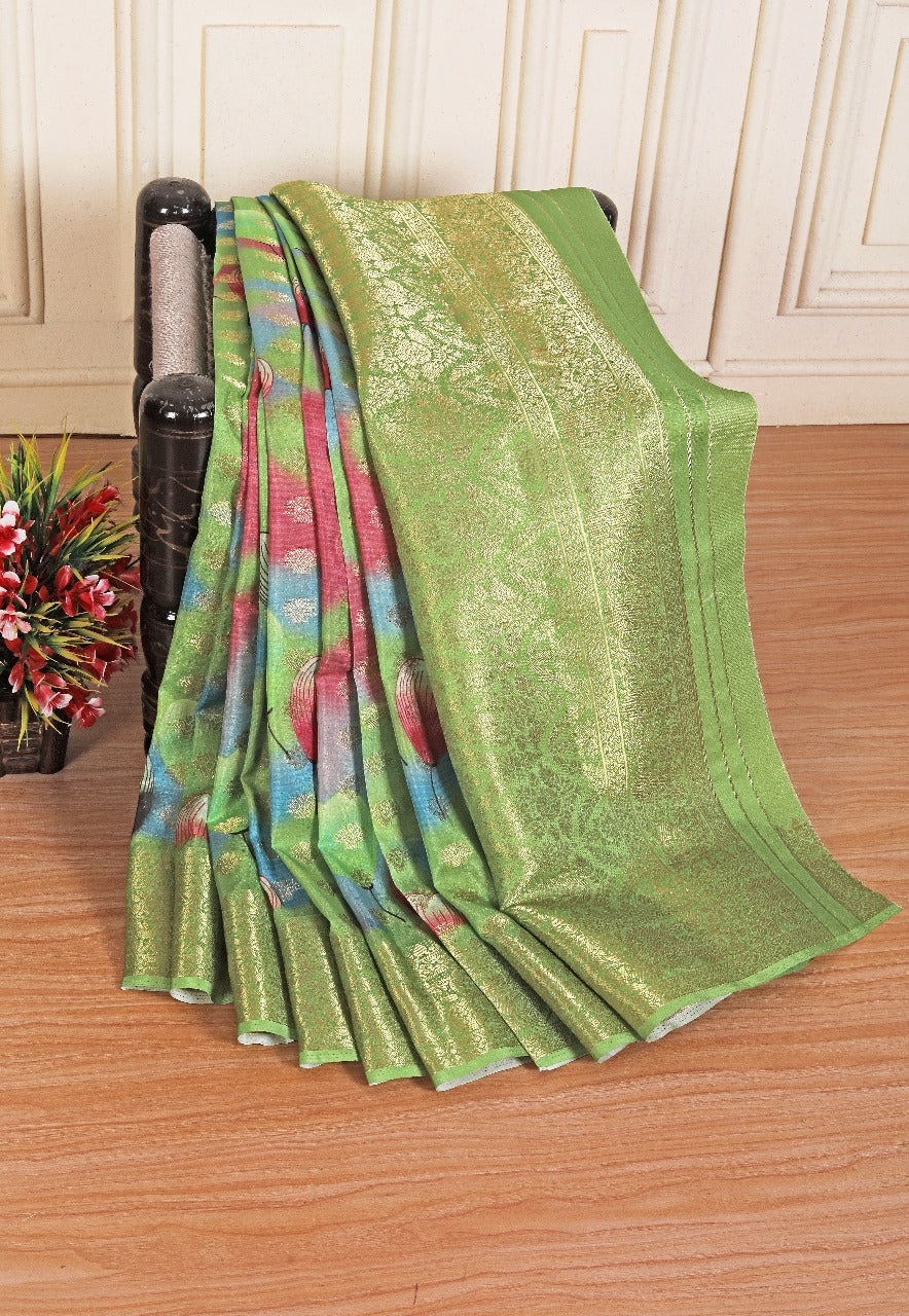 Handcrafted Style Digital Printed Green Soft Silk Saree