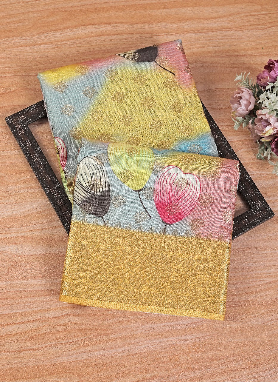 Alluring Yellow Soft Silk Saree With Modern Digital Work