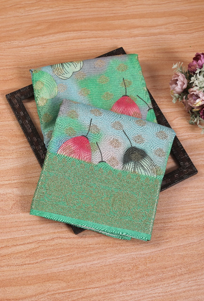 Parrot Green Designer Digital Print Soft Silk Saree For Festive Wear
