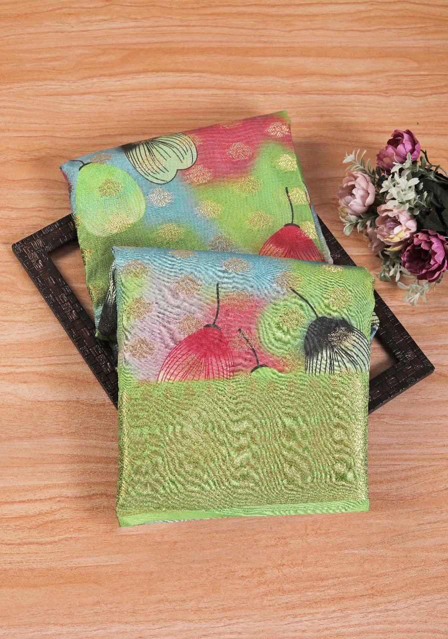 Handcrafted Style Digital Printed Green Soft Silk Saree