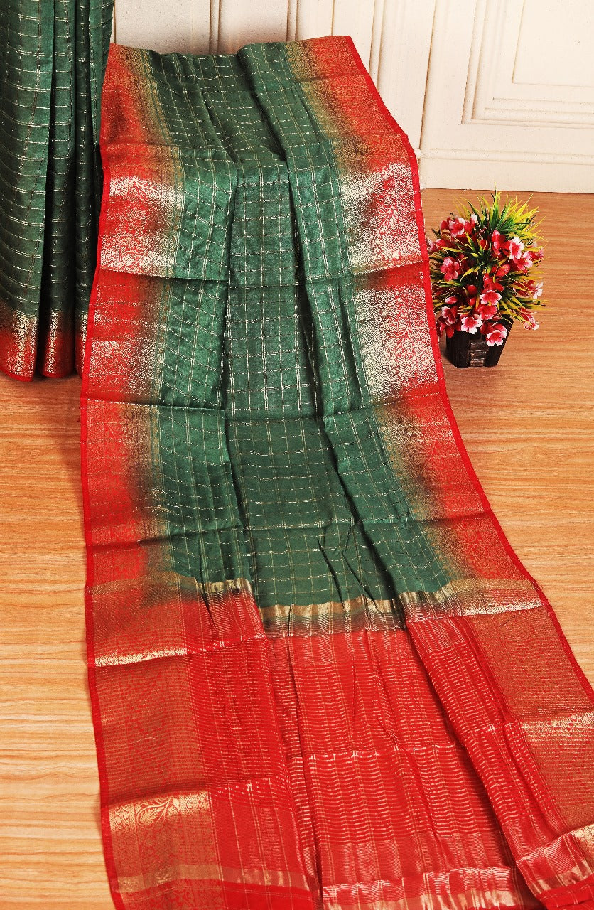 Designer Green Soft Silk Saree With Golden Zari Border Party Wear
