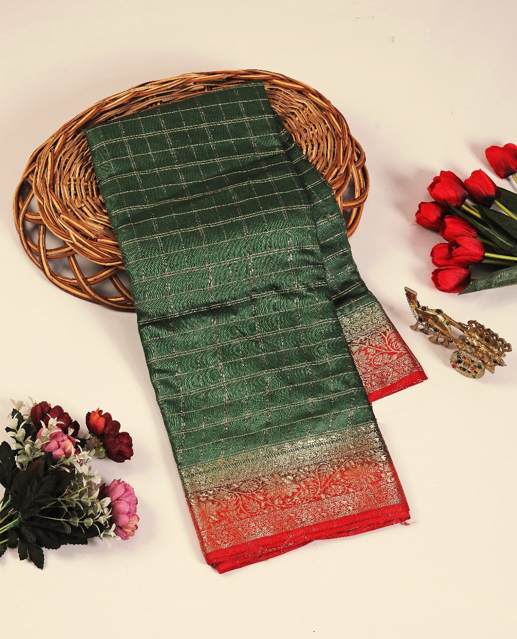 Designer Green Soft Silk Saree With Golden Zari Border Party Wear