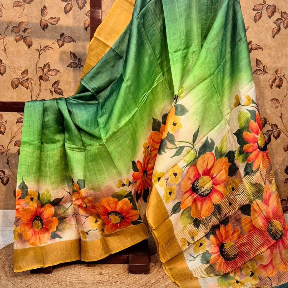 Tussar Handprint Sarees with Kanchi Pallu in Green