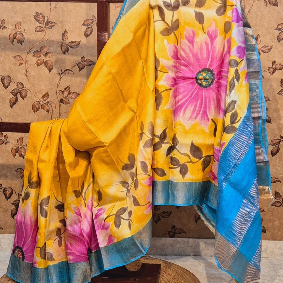 Tussar Handprint Sarees with Kanchi Pallu in Yellow