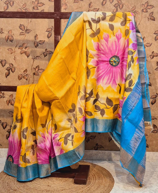 Tussar Handprint Sarees with Kanchi Pallu in Yellow