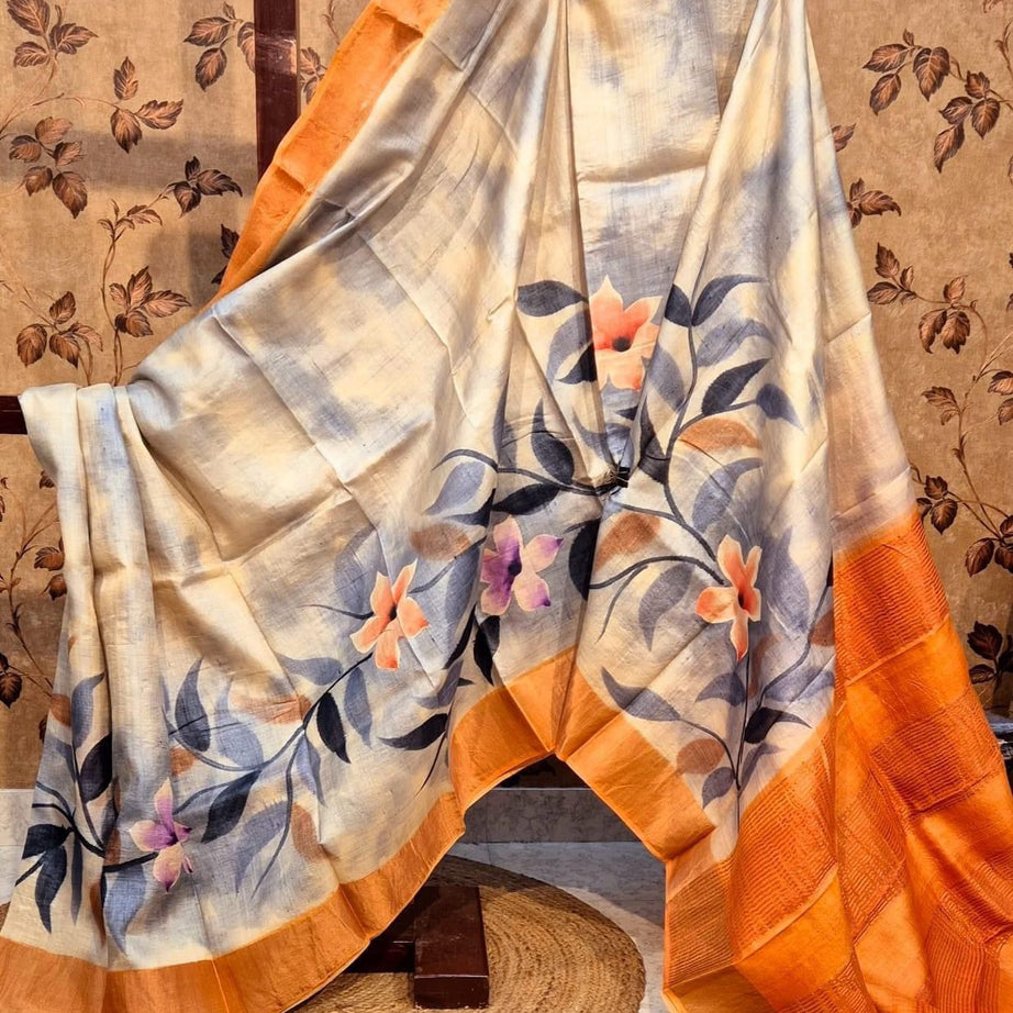 Tussar Handprint Sarees with Kanchi Pallu in Orange