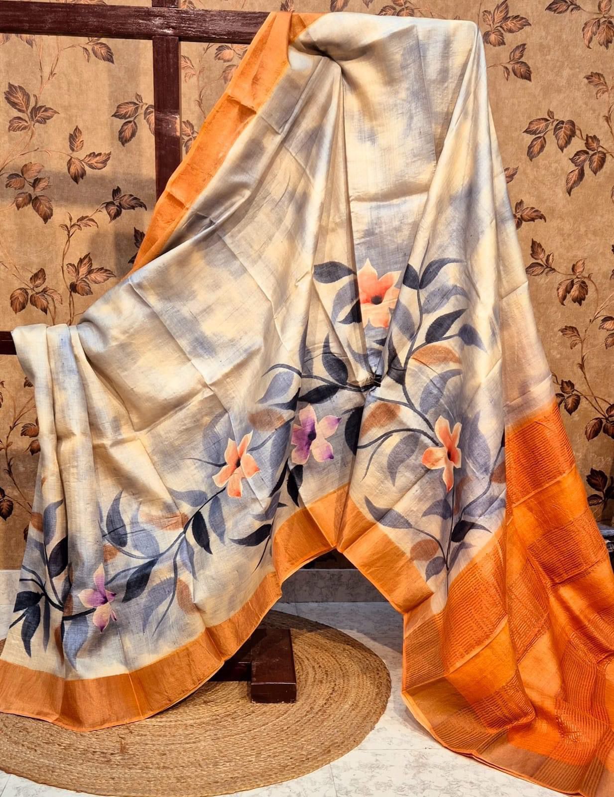 Authentic Handloom Tussar Silk Saree In Orange With Kanchi Pallu Print