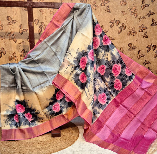 Tussar Handprint Sarees with Kanchi Pallu in Sea Grey