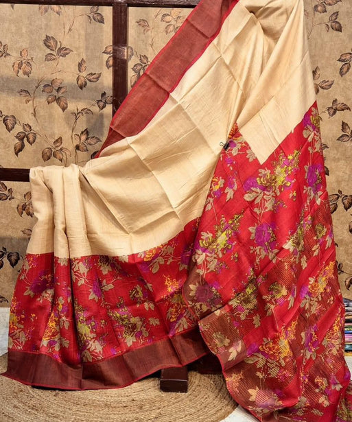 Elegant Tussar Handprint Sarees with Kanchi Pallu in Timeless Cream