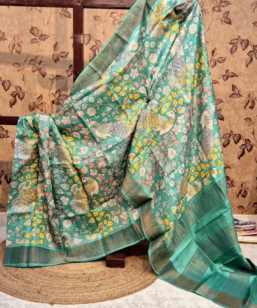 Tussar Handprint Sarees with Kanchi Pallu in Sea Green