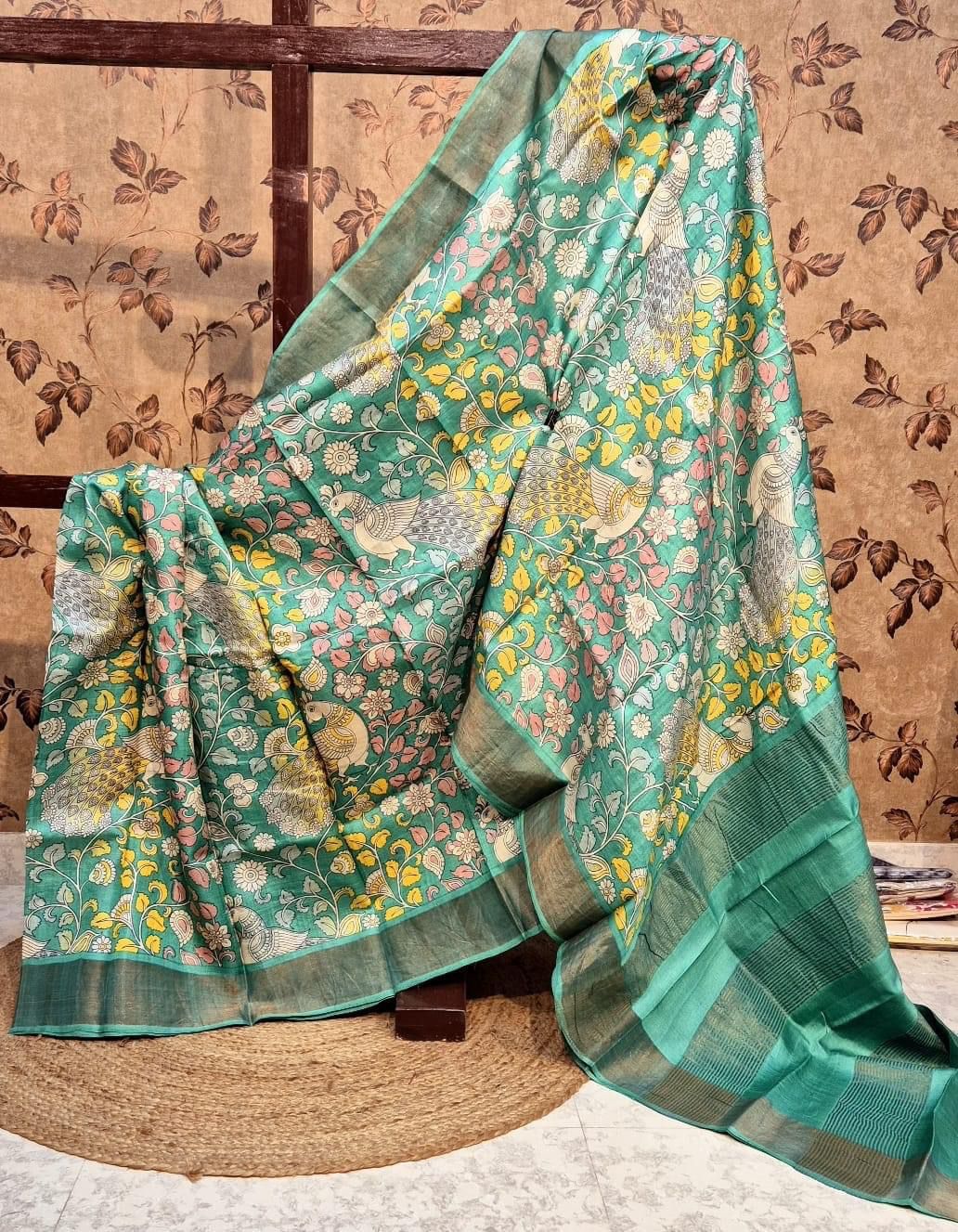 Tussar Handprint Sarees with Kanchi Pallu in Sea Green