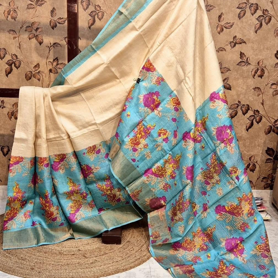 Tussar Handprint Sarees with Kanchi Pallu in cream