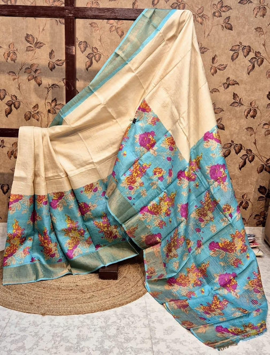 Tussar Handprint Sarees with Kanchi Pallu in cream