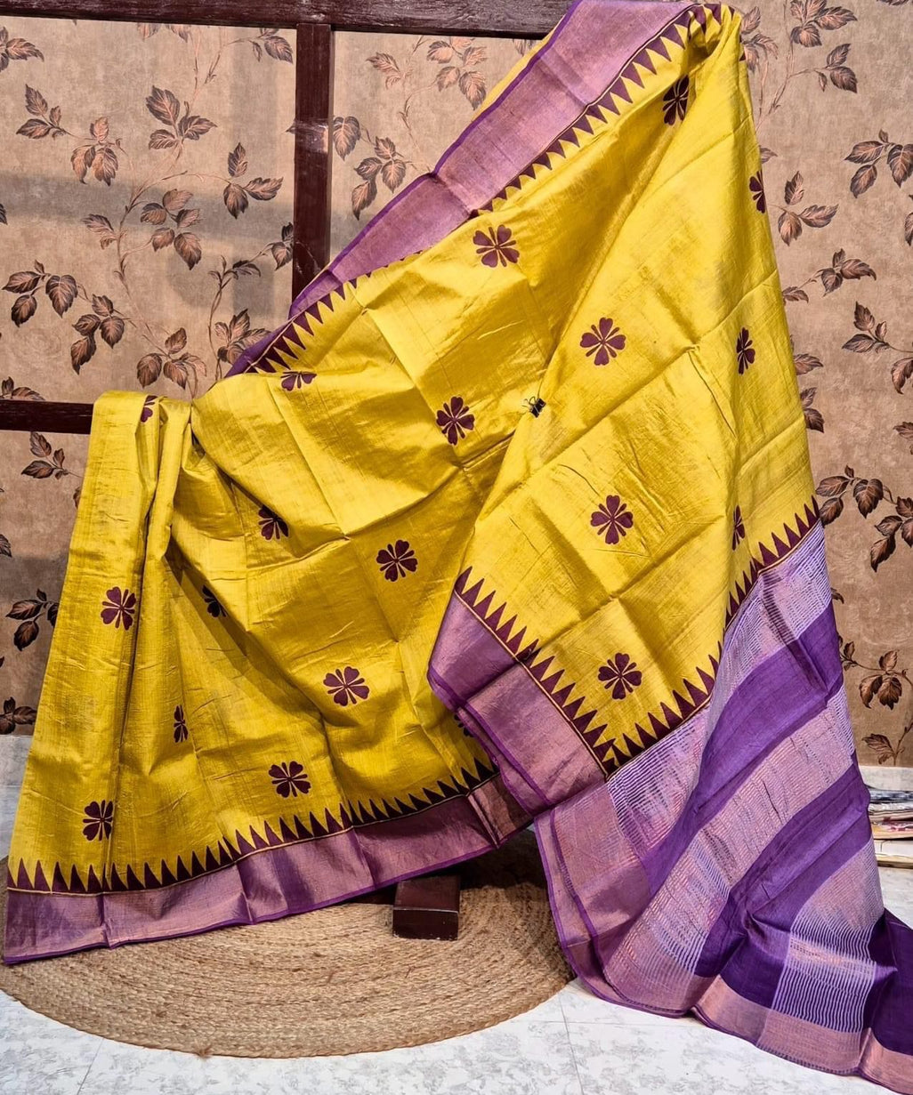 Exquisite Tussar Handprint Sarees with Kanchi Pallu in Glorious Golden