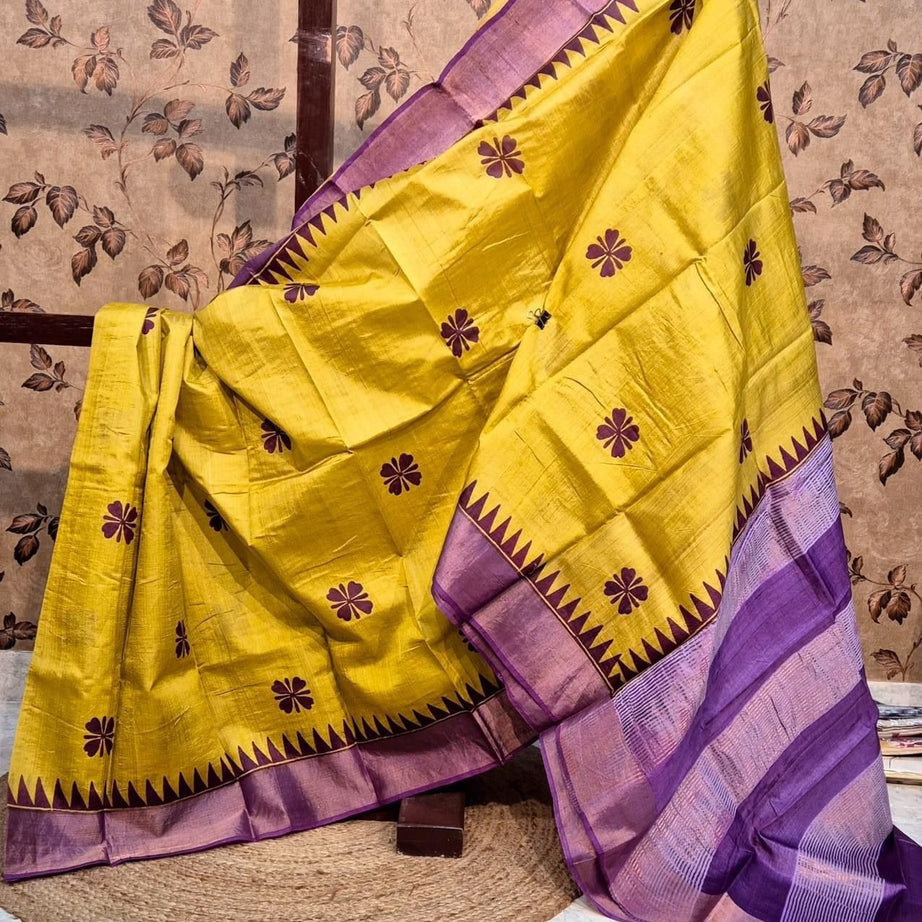 Tussar Handprint Sarees with Kanchi Pallu in Golden