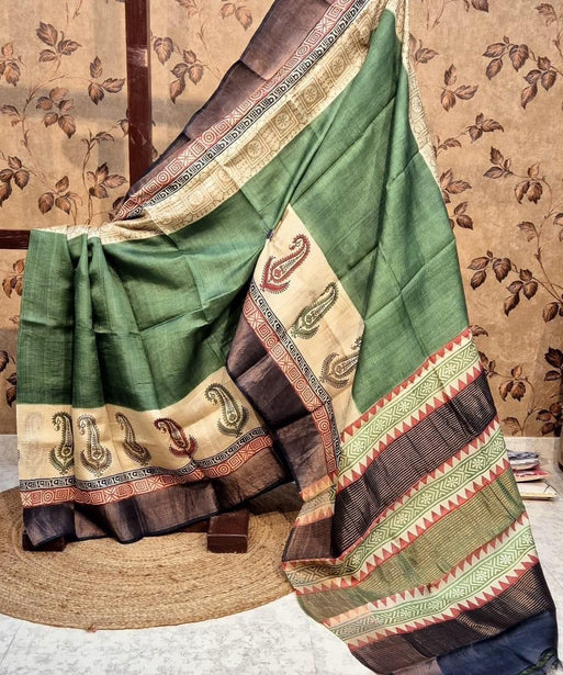 Tussar Handprint Sarees with Kanchi Pallu in Green