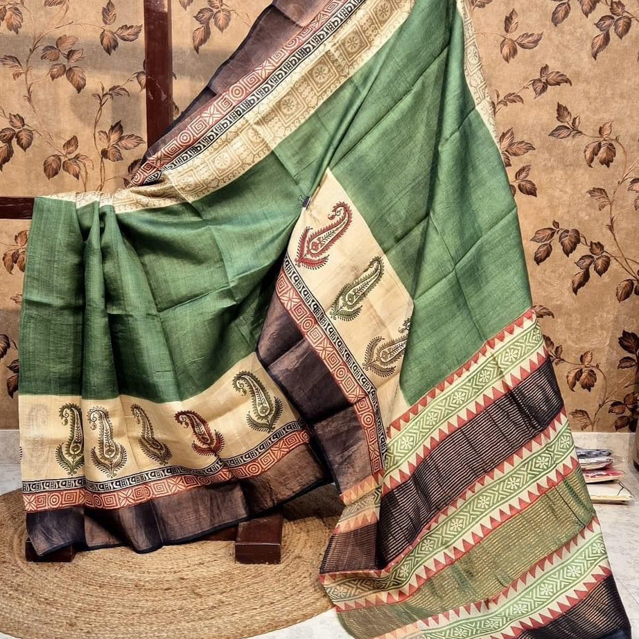 Tussar Handprint Sarees with Kanchi Pallu in Green