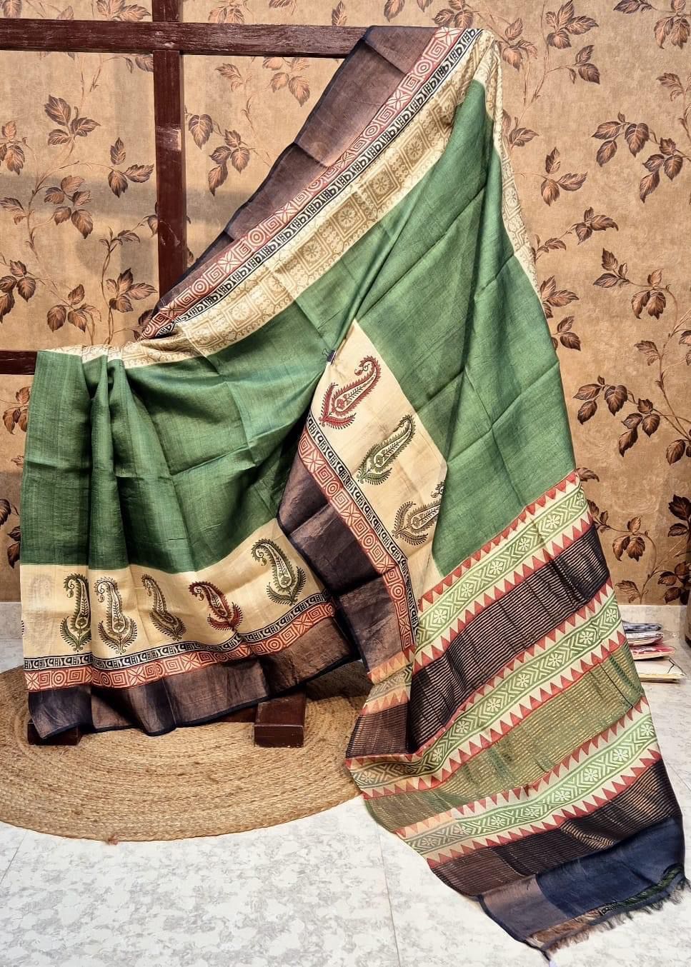 Tussar Handprint Sarees with Kanchi Pallu in Green