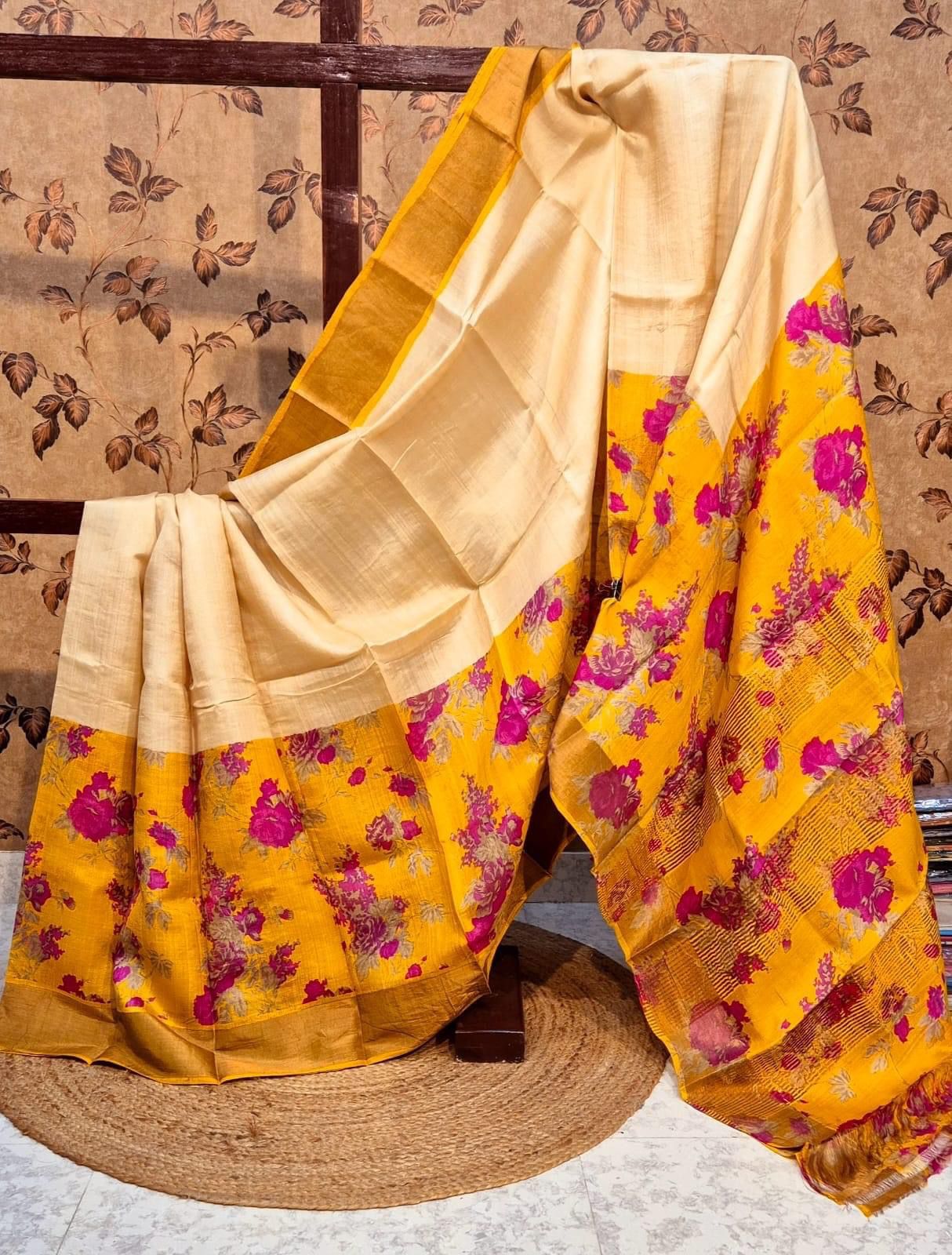 Artisan Printed Saree In Cream Tussar Silk With Kanchi Pallu