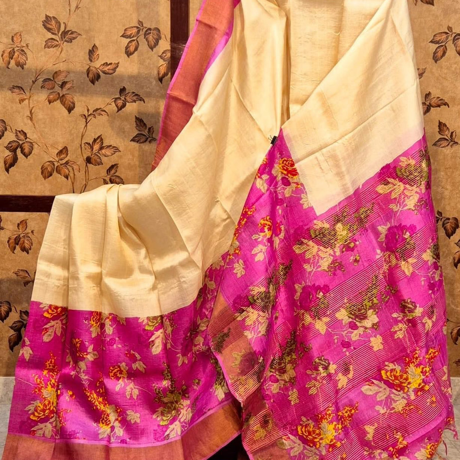 Tussar Handprint Sarees with Kanchi Pallu in Golden