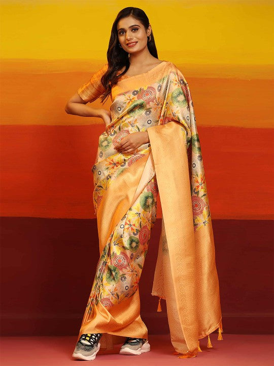 Orange Fancy Silk Saree Traditional Look With Digital Prints