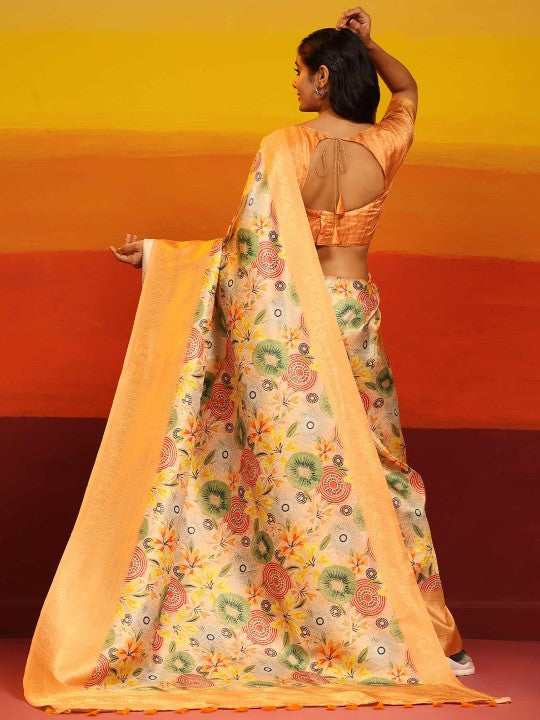 Orange Fancy Silk Saree Traditional Look With Digital Prints