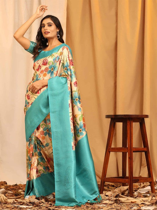 Elegant Rama Digital Print Saree Fancy Traditional Silk Drape