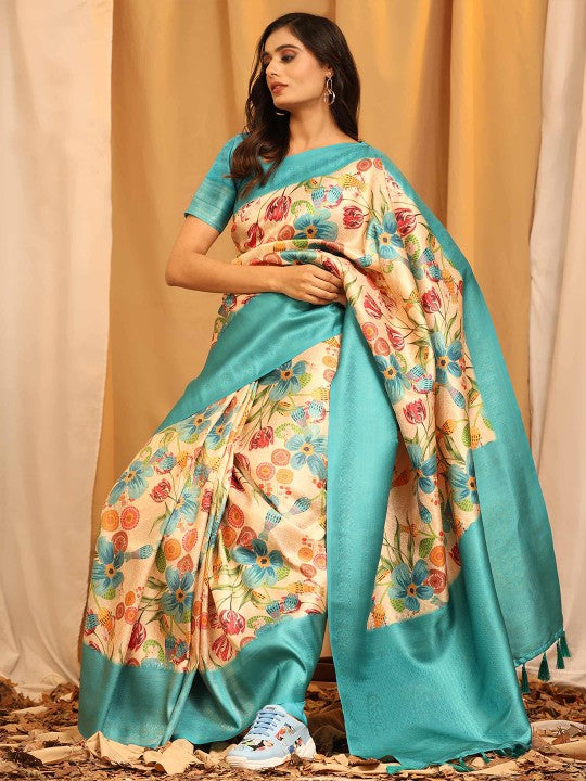 Elegant Rama Digital Print Saree Fancy Traditional Silk Drape