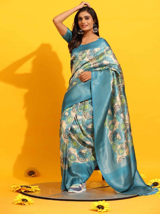 Traditional Pastel Blue Silk Saree Fancy Digital Printed Design