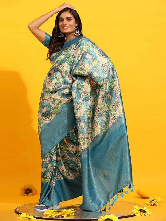 Traditional Pastel Blue Silk Saree Fancy Digital Printed Design