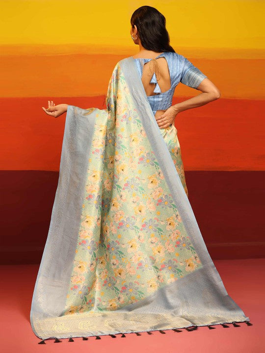 Blue Designer Silk Saree Digital Print And Traditional Fancy Style
