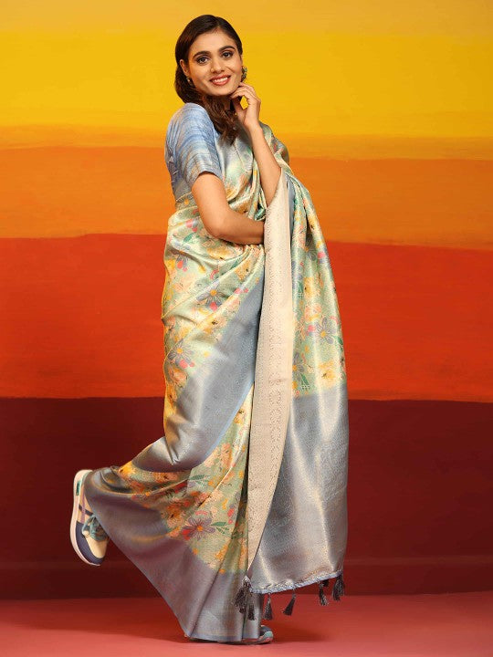 Blue Designer Silk Saree Digital Print And Traditional Fancy Style
