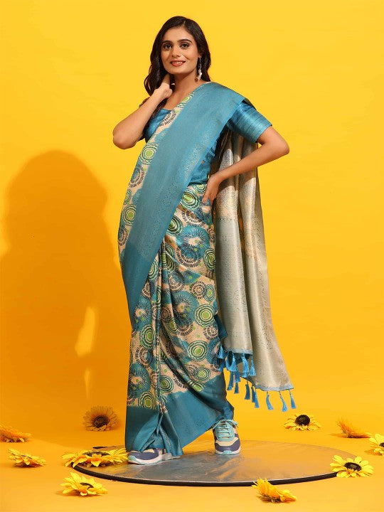 Traditional Pastel Blue Silk Saree Fancy Digital Printed Design