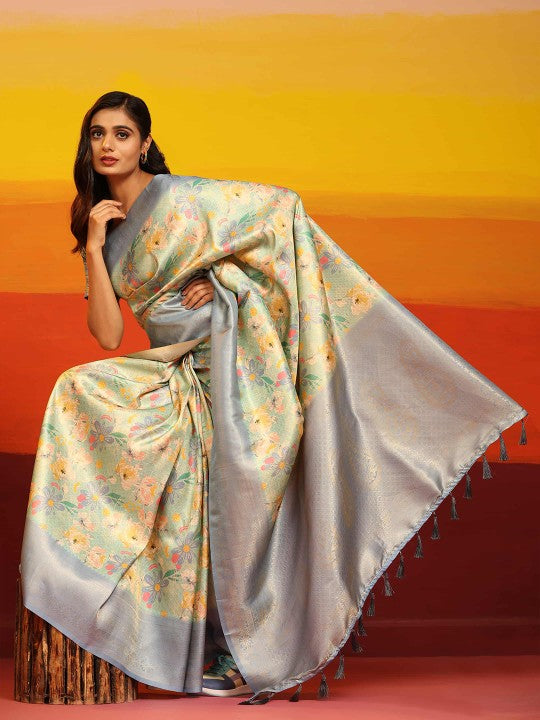 Blue Designer Silk Saree Digital Print And Traditional Fancy Style