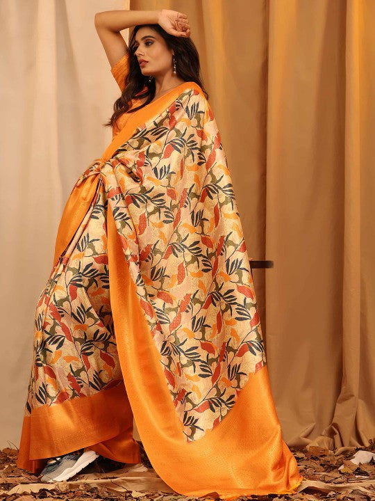 Chic Orange Printed Silk Saree Fancy Digital Art And Ethnic Style