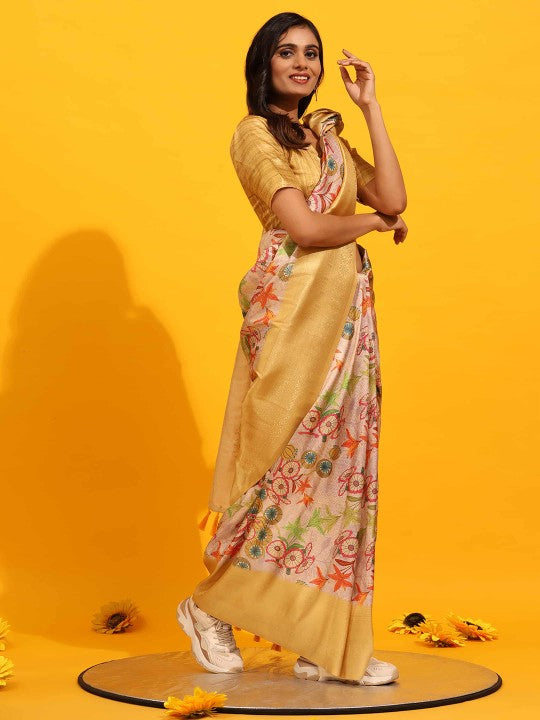 Yellow Trendy Digital Print Saree Traditional Fancy Silk Fabric
