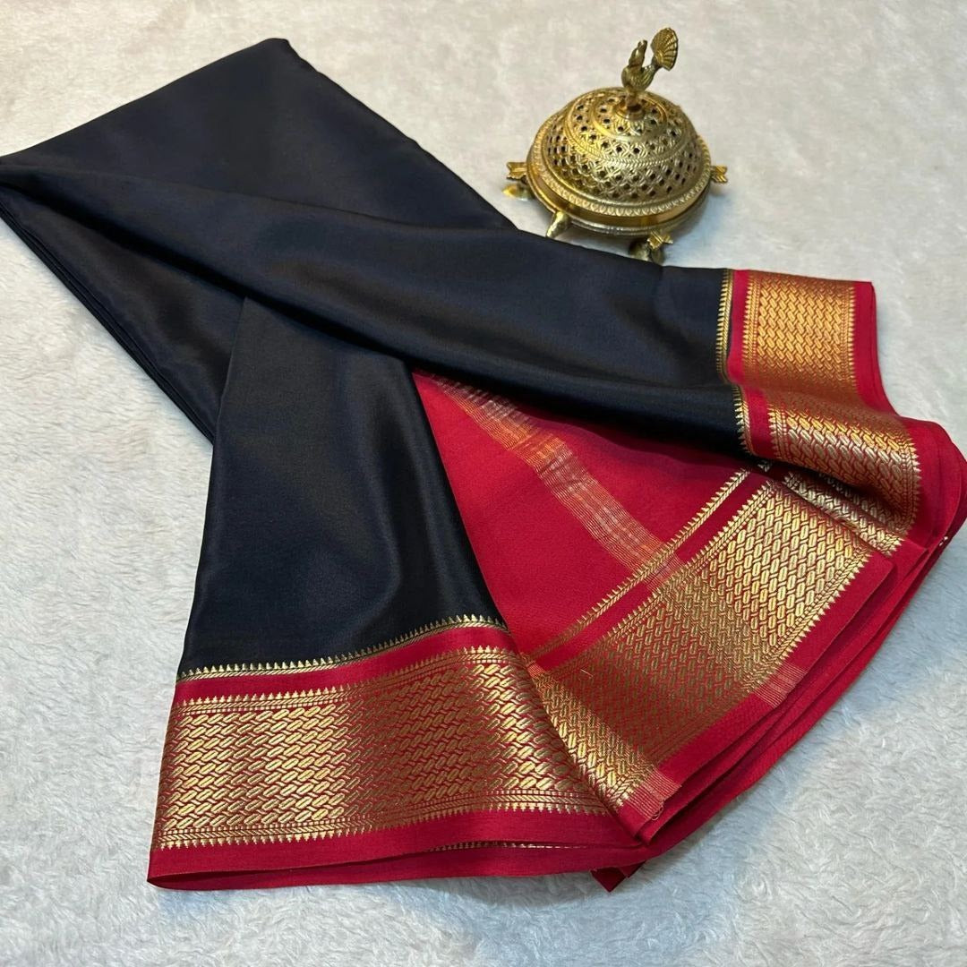 Traditional Mysore Crepe Silk Saree Plain Body With Zari Border Work