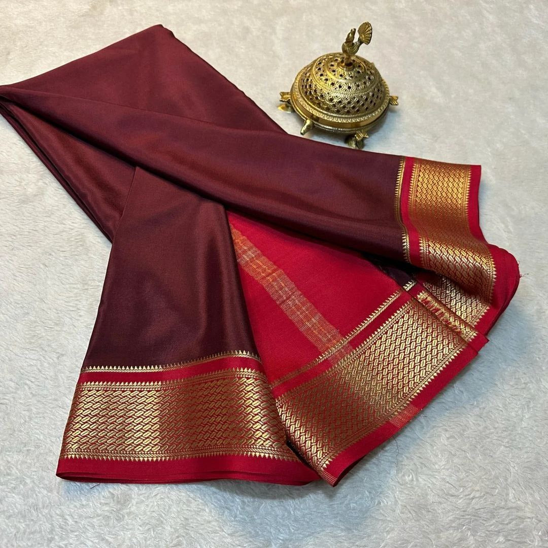 Traditional Mysore Crepe Silk Saree Plain Body With Zari Border Work