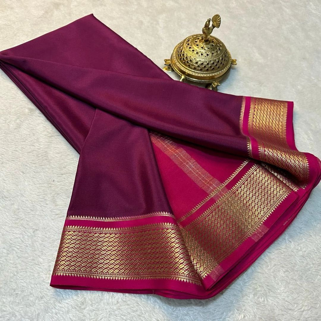 Traditional Mysore Crepe Silk Saree Plain Body With Zari Border Work