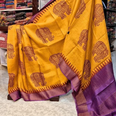 Tussar Handprint Sarees with Kanchi Pallu in Mustard