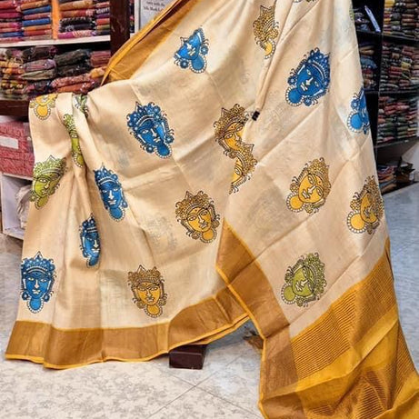 Tussar Handprint Sarees with Kanchi Pallu in Yellow