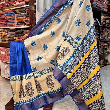 Tussar Handprint Sarees with Kanchi Pallu in Blue