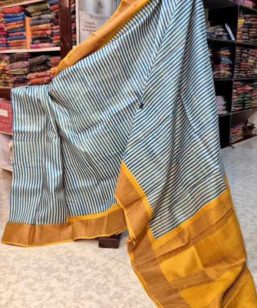 Timeless Beauty: Blue Tussar Handprint Sarees Adorned with Kanchi Pallu