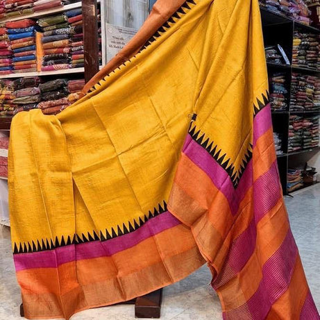 Tussar Handprint Sarees with Kanchi Pallu in Mustard